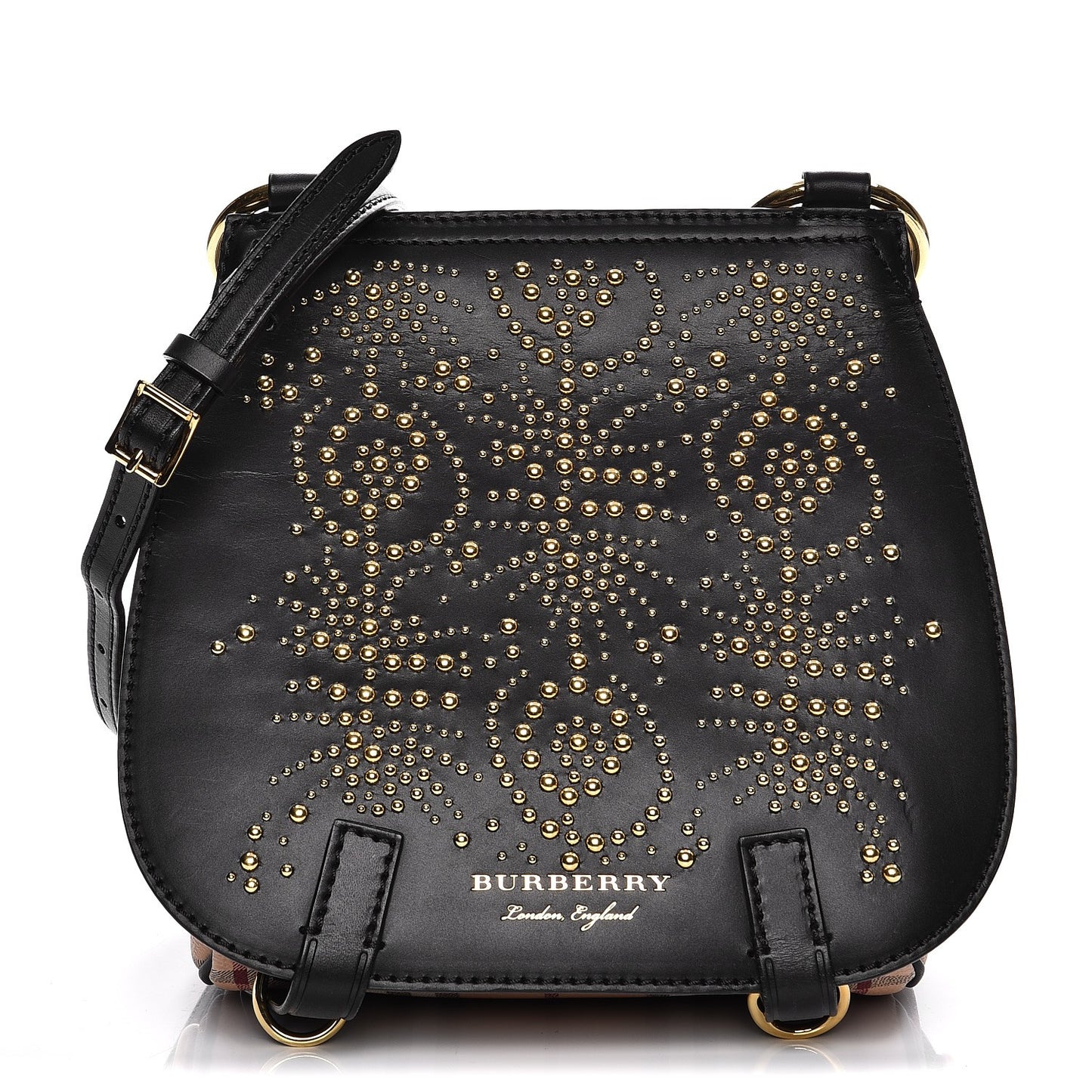 Calfskin Haymarket Check Studded Large Bridle Saddle Bag Black