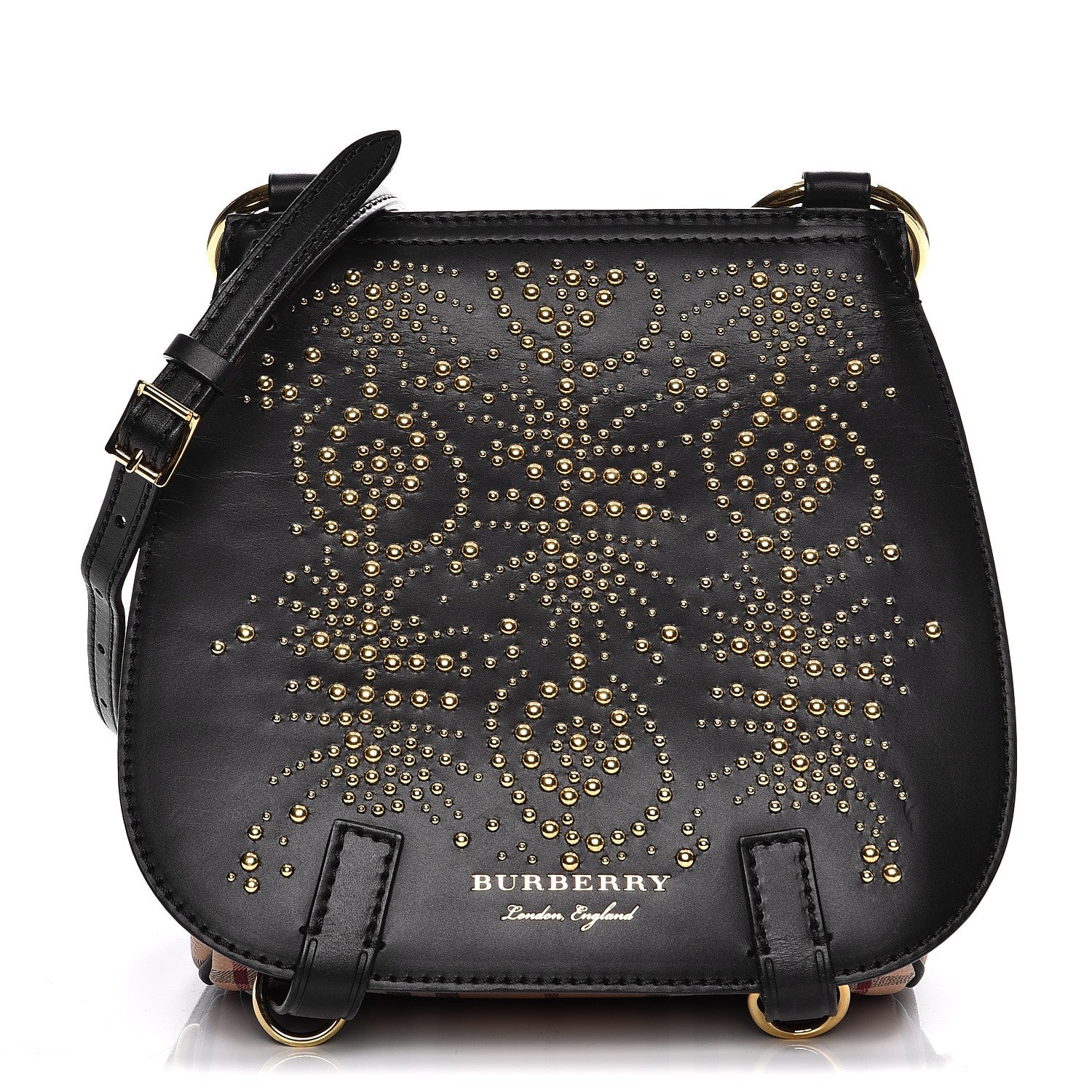 Burberry Calfskin Haymarket Check Studded Large Bridle Saddle Bag Black 1 of 12