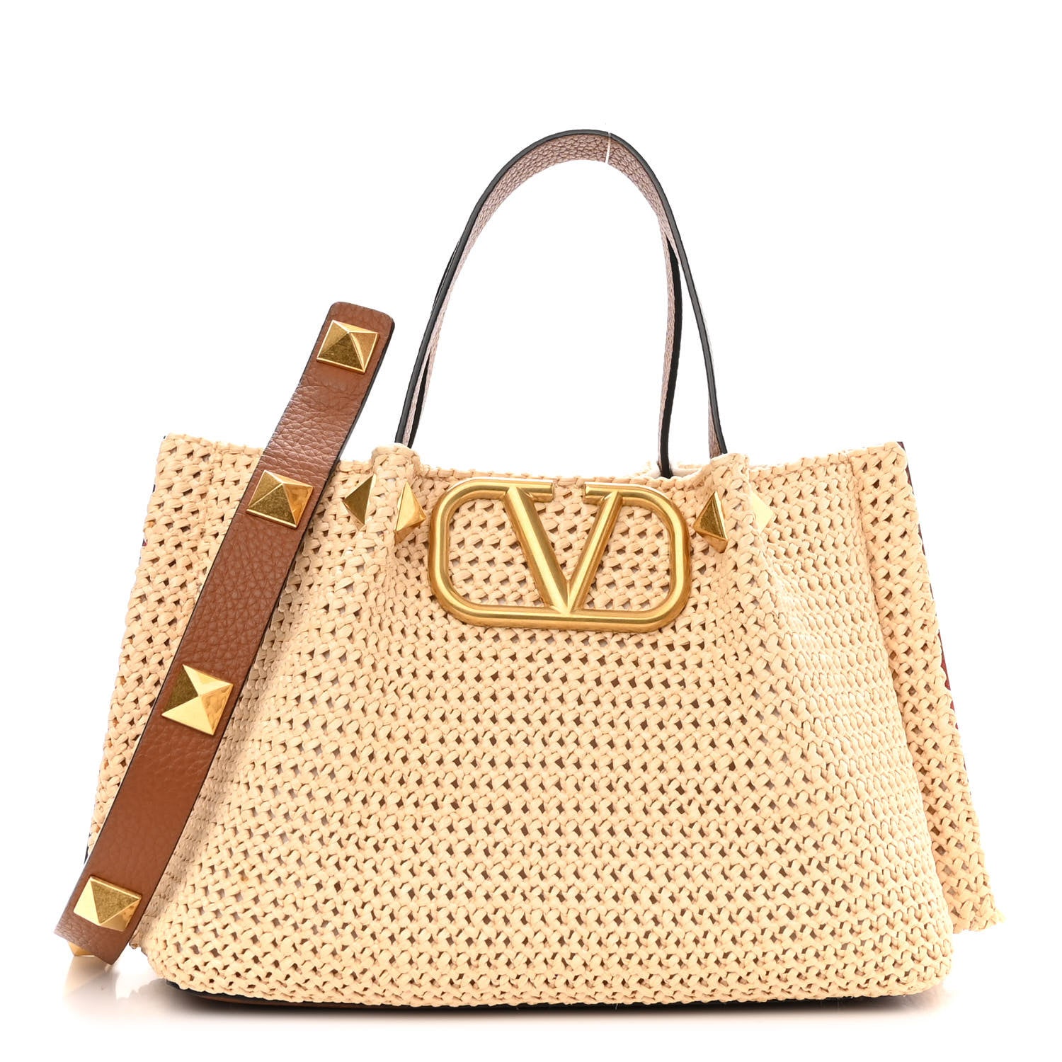 Valentino Garavani Raffia Grained Calfskin Small Rockstud Vlogo Tote Naturale 1 of 11