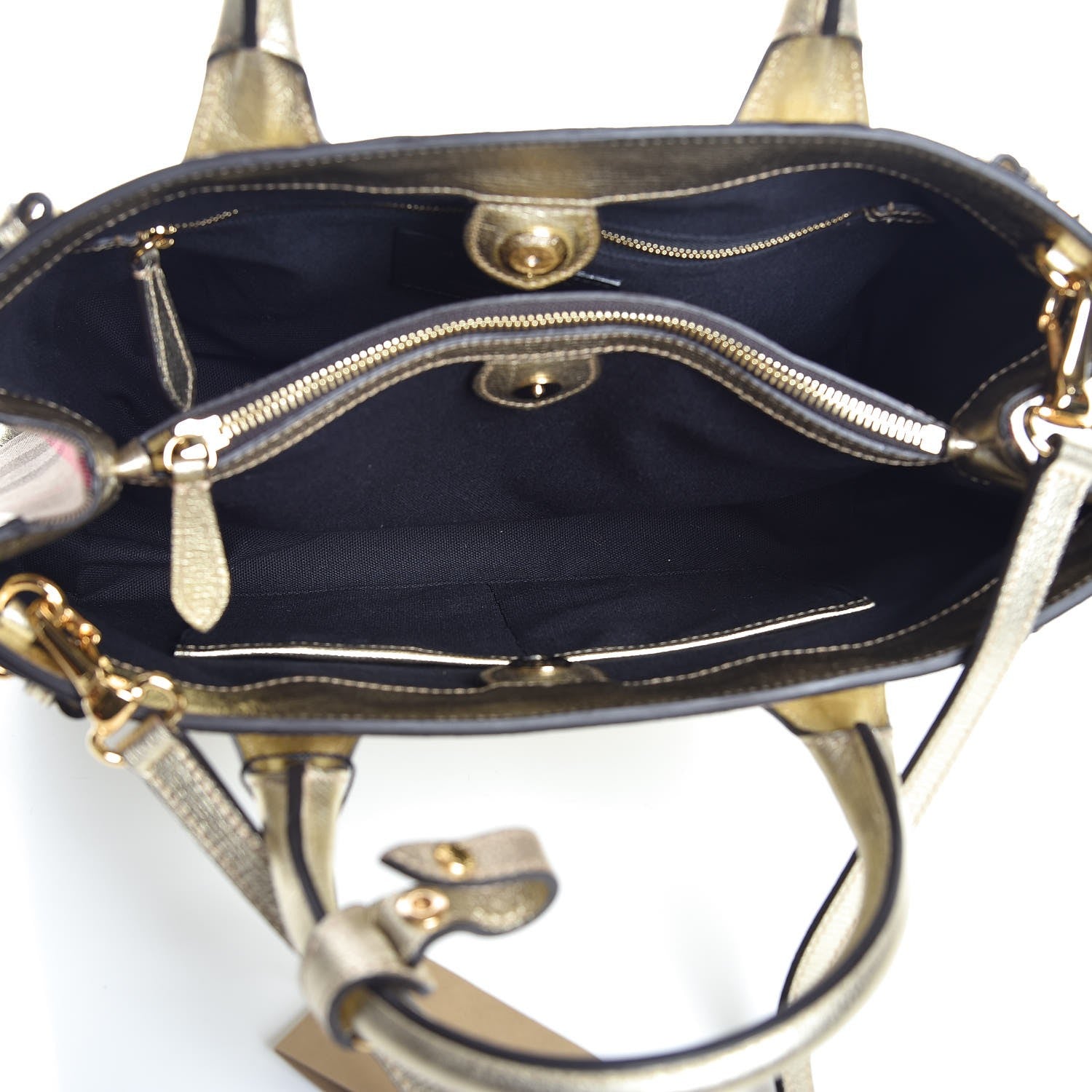 Burberry Metallic Grainy Calfskin House Check Medium Banner Tote Gold 6 of 9