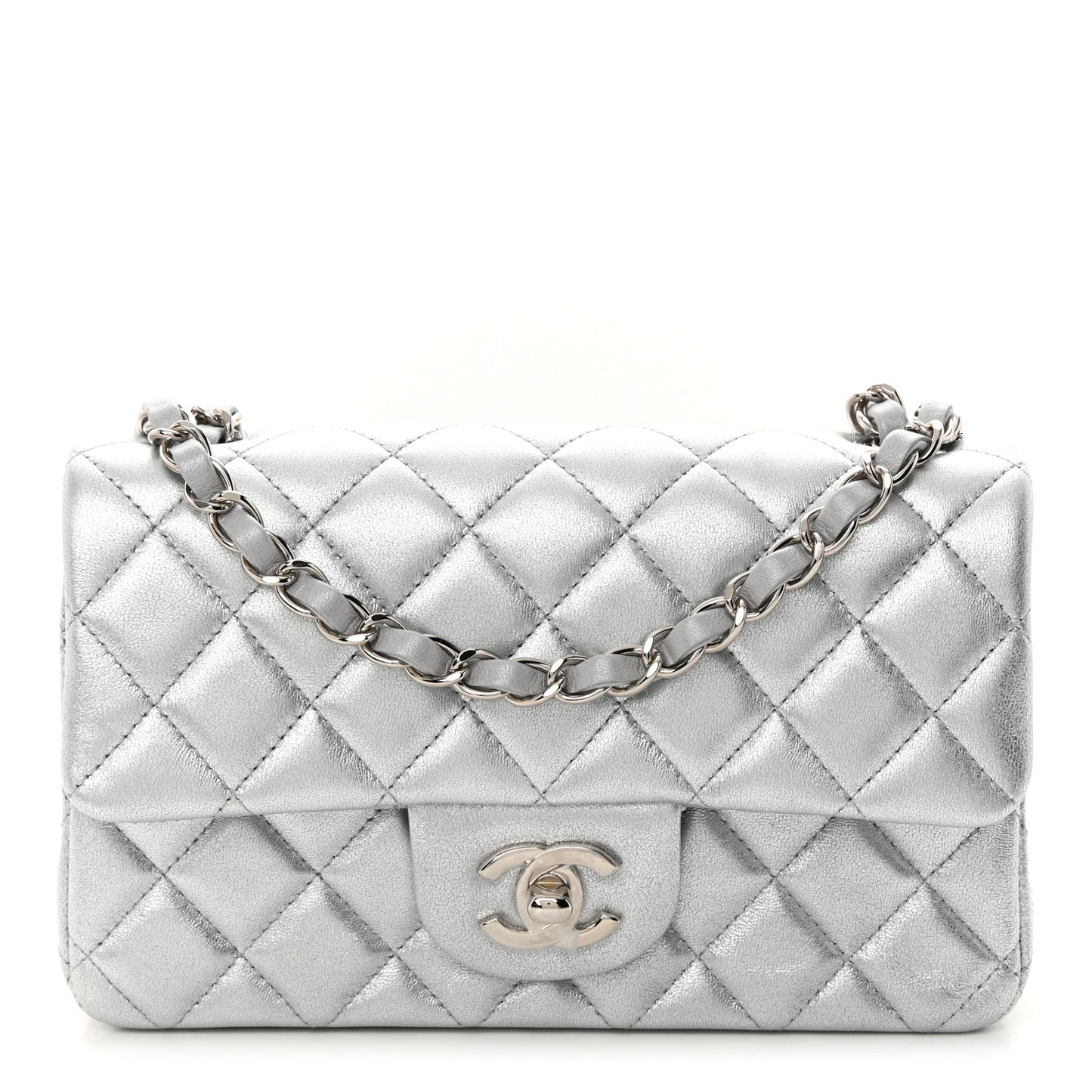 Metallic Lambskin Quilted Mini Rectangular Flap Silver