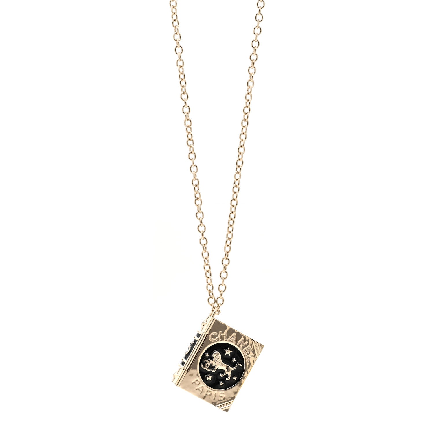 Chanel Metal CC Lion Book Locket Necklace Gold 1 of 6