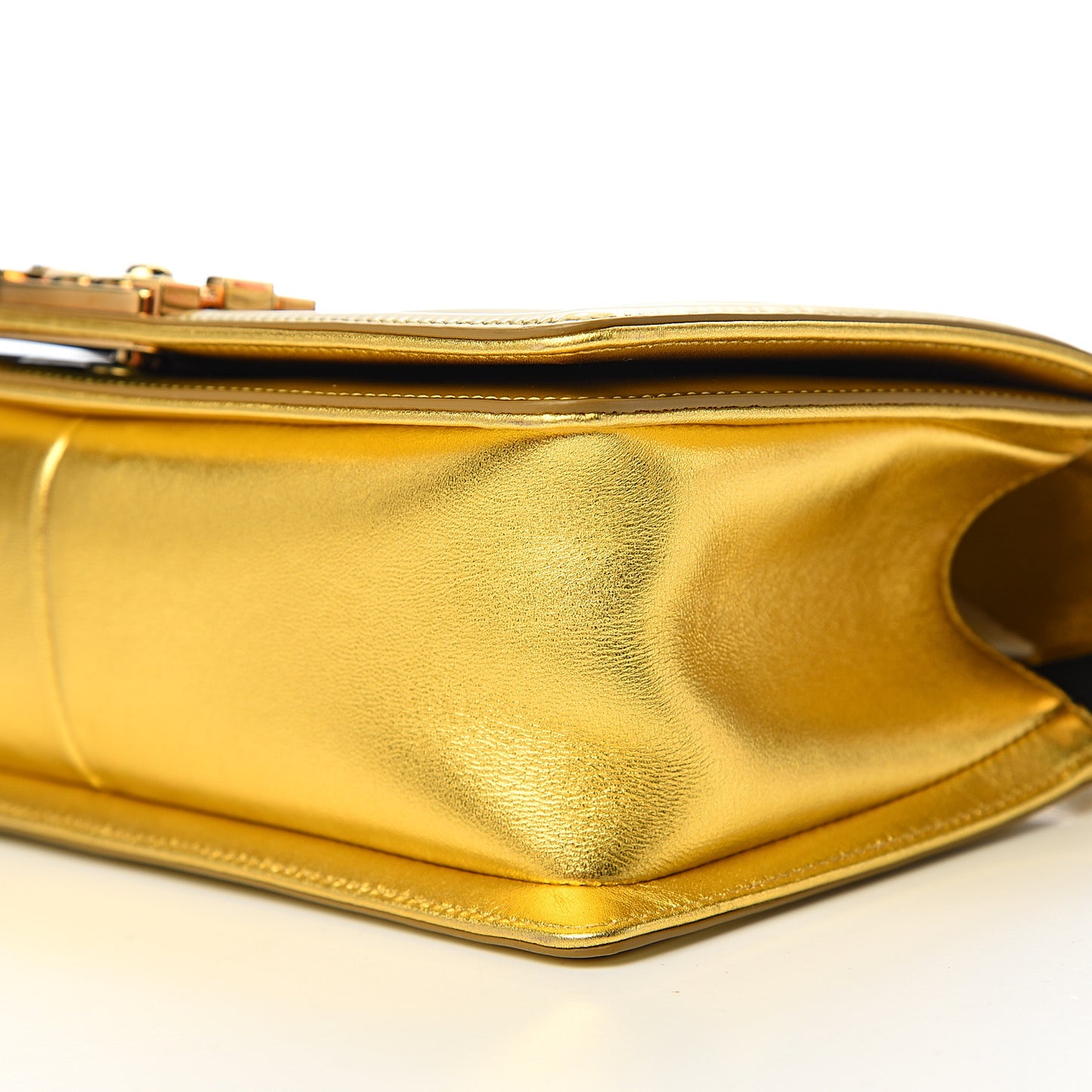 Metallic Patent Calfskin Quilted Medium Boy Flap Gold