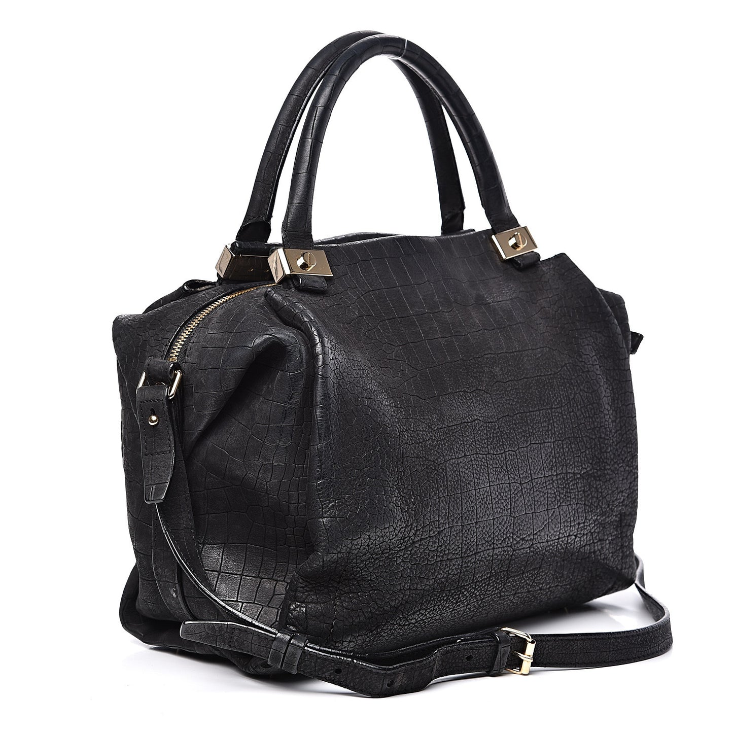 Crocodile Stamped Calfskin Trilogy Bowling Bag Black