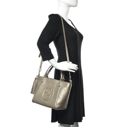 Gucci Metallic Pebbled Calfskin Small Soho Top Handle Bag Golden Beige 2 of 9