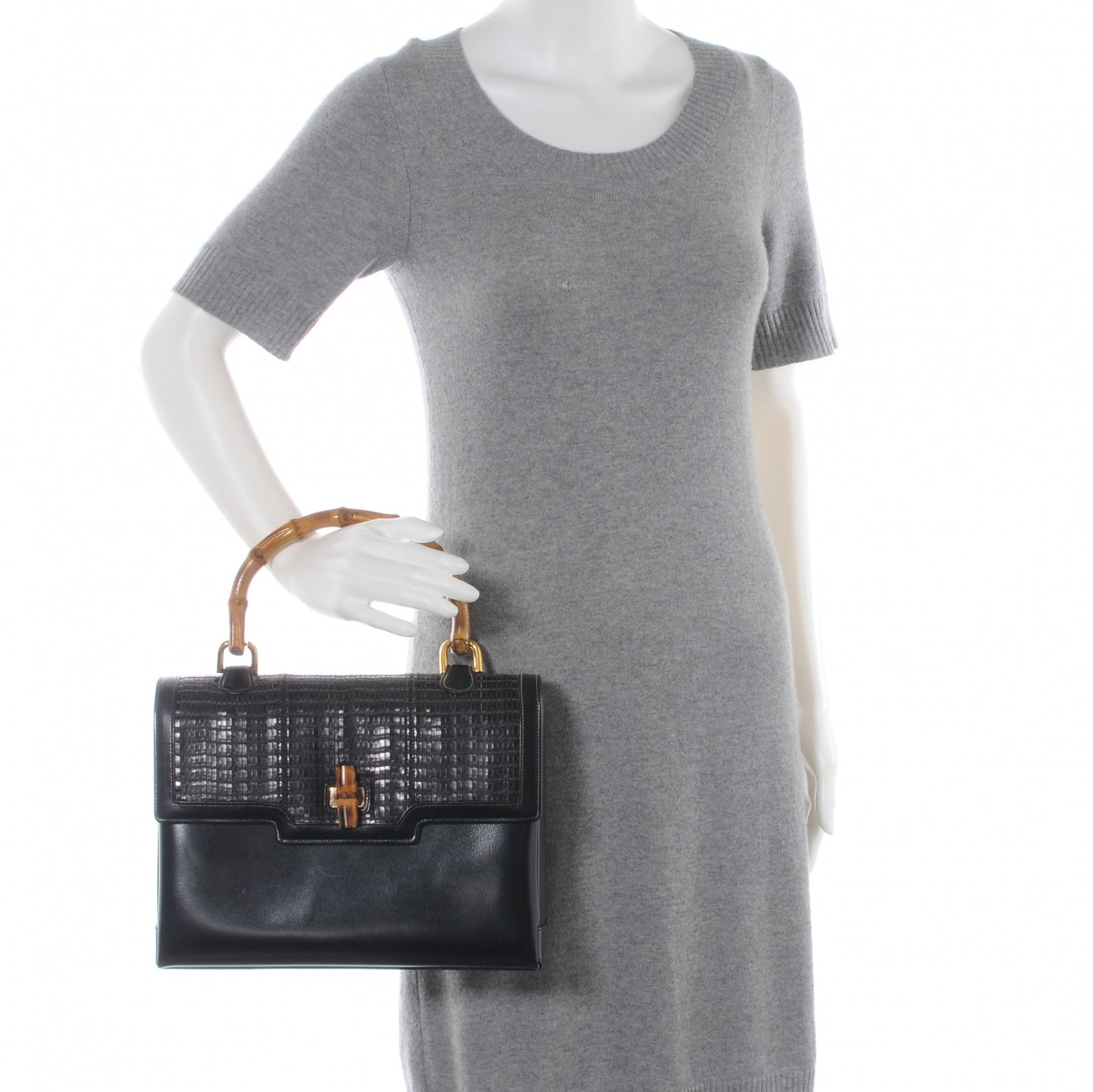 Woven Leather Bamboo Top Handle Bag Black