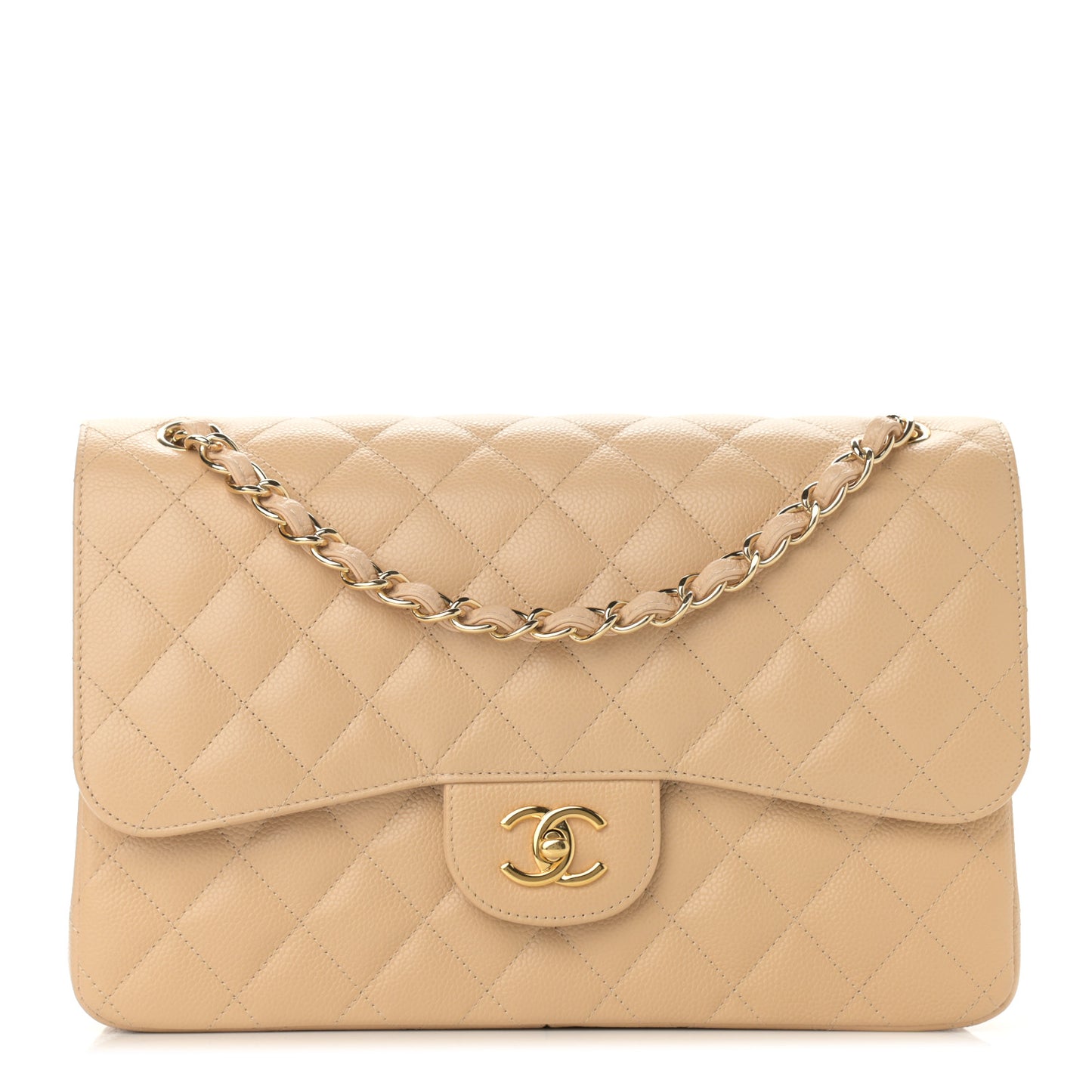 Caviar Quilted Jumbo Double Flap Beige