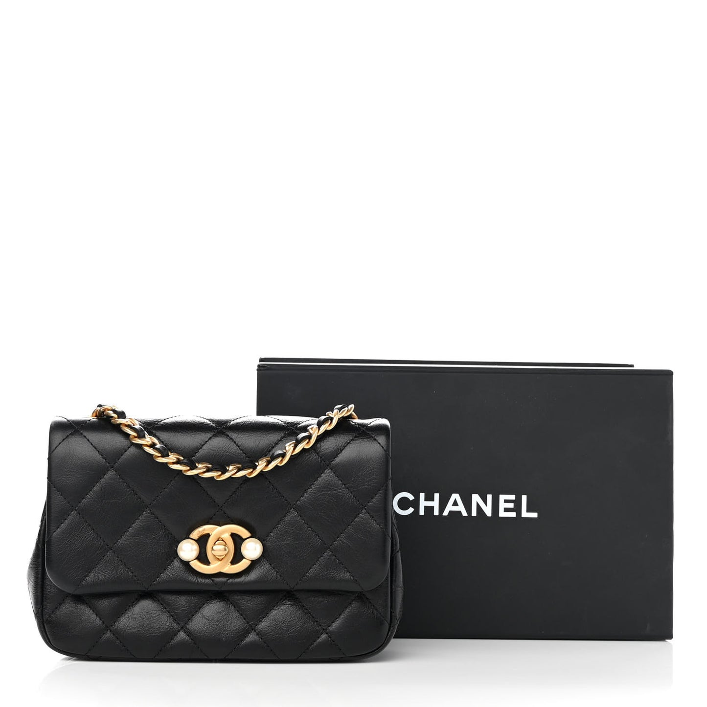 Glazed Calfskin Quilted Mini Pearl Side Flap Black