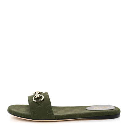 Gucci New Canvas Monogram GG Granada Kid Horsebit Slide Sandals 38 Dark Green 1 of 10