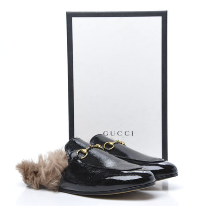 Gucci Patent Fur Womens Princetown Slippers 39 Black Natural 8 of 8