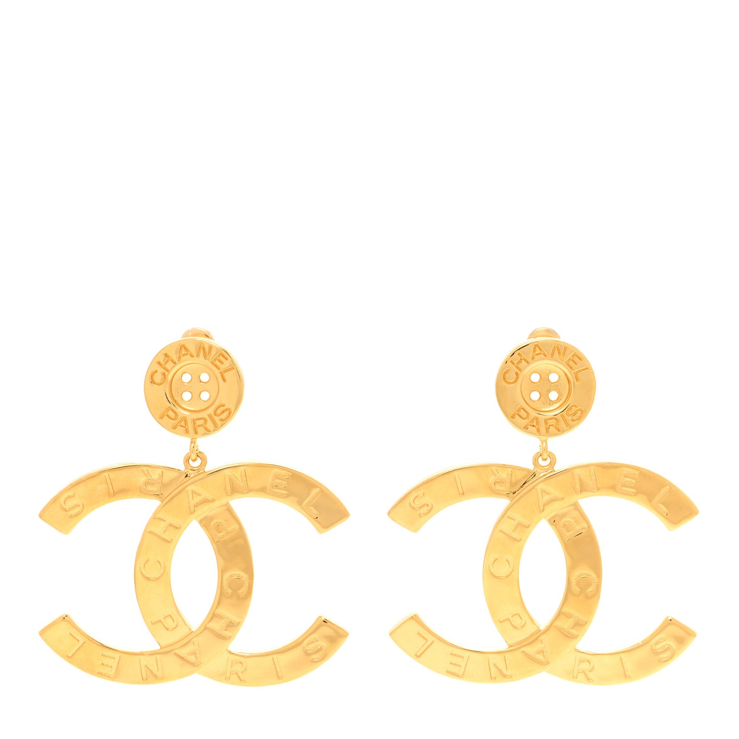 Metal Large Paris Button Clip On Earrings Gold