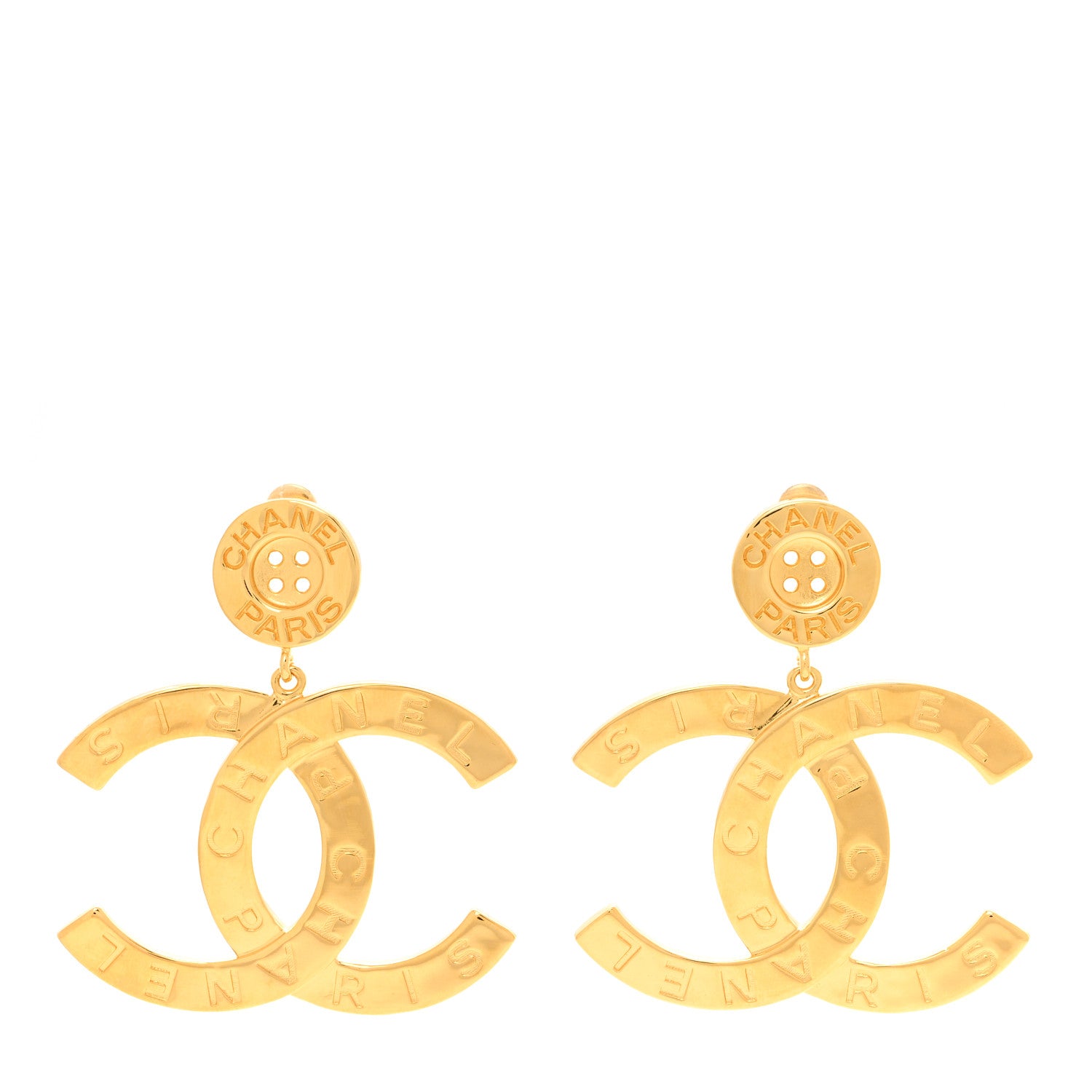 Chanel Metal Large Paris Button Clip On Earrings Gold 1 of 5