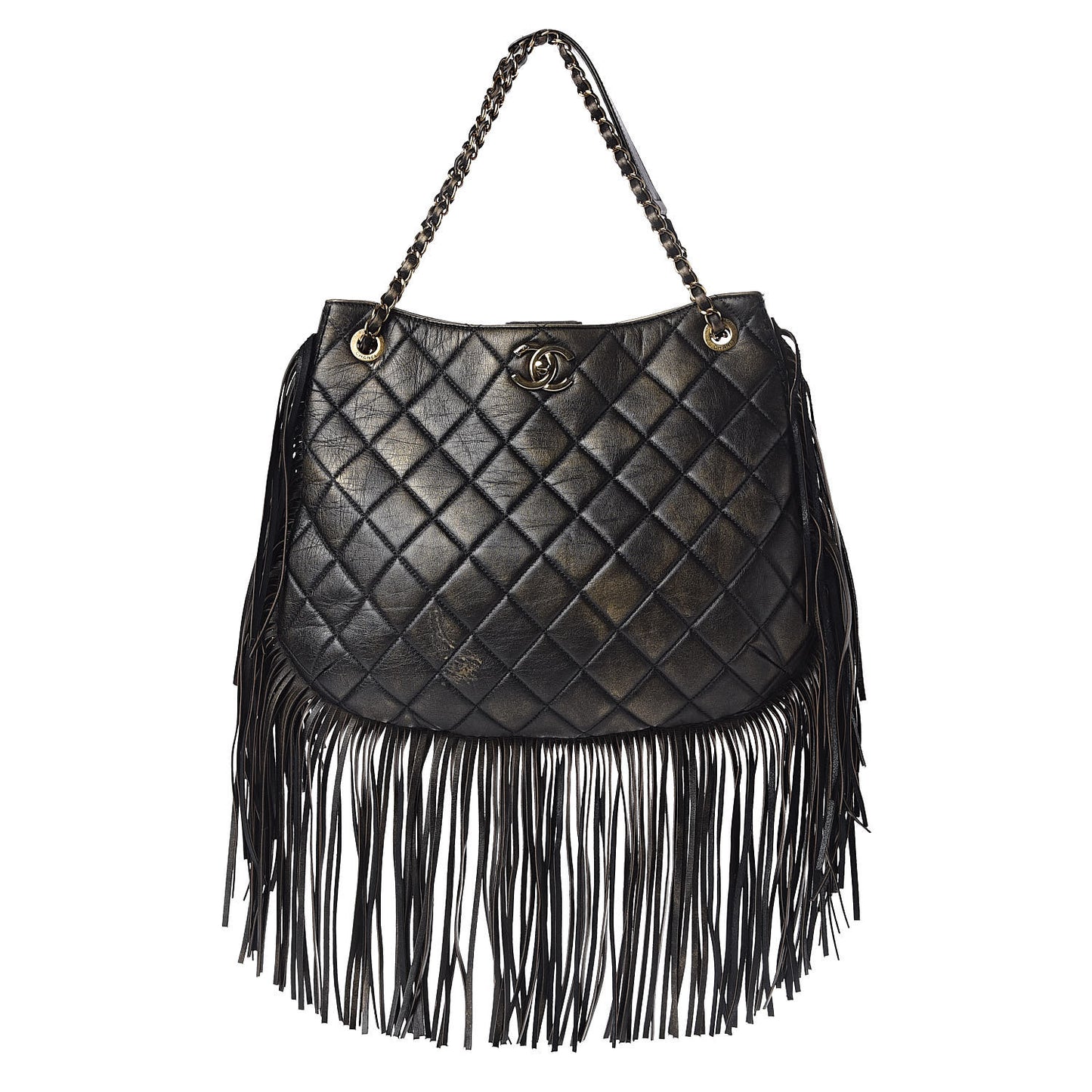 Calfskin Quilted Into The Fringe Hobo Black Gold