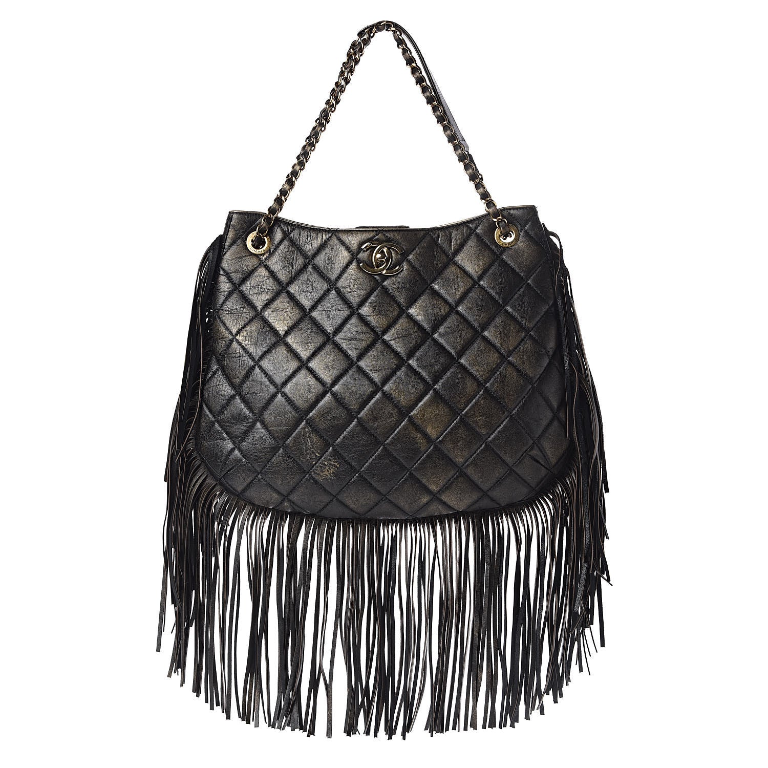 Chanel Calfskin Quilted Into The Fringe Hobo Black Gold 1 of 14