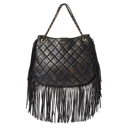 Chanel Calfskin Quilted Into The Fringe Hobo Black Gold 1 of 14
