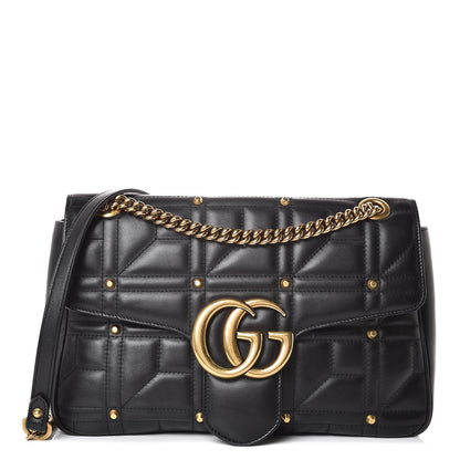 Gucci Calfskin Matelasse Studded Medium GG Marmont Shoulder Bag Black 1 of 13