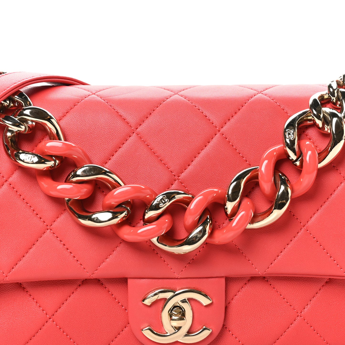 Lambskin Quilted Resin Bi-Color Chain Flap Bag Red