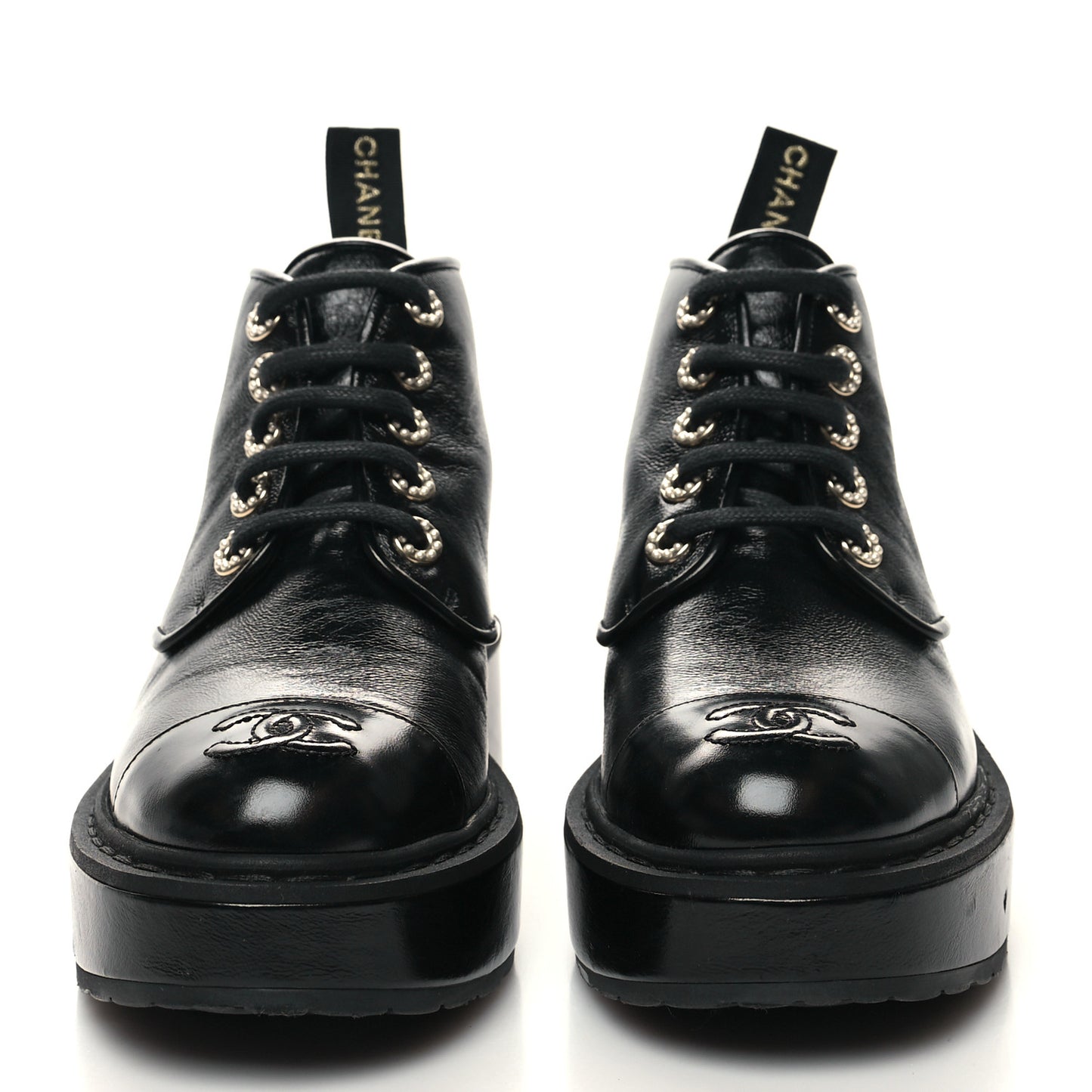 Shiny Calfskin Pearl Lace Up Combat Short Boots 35.5 Black