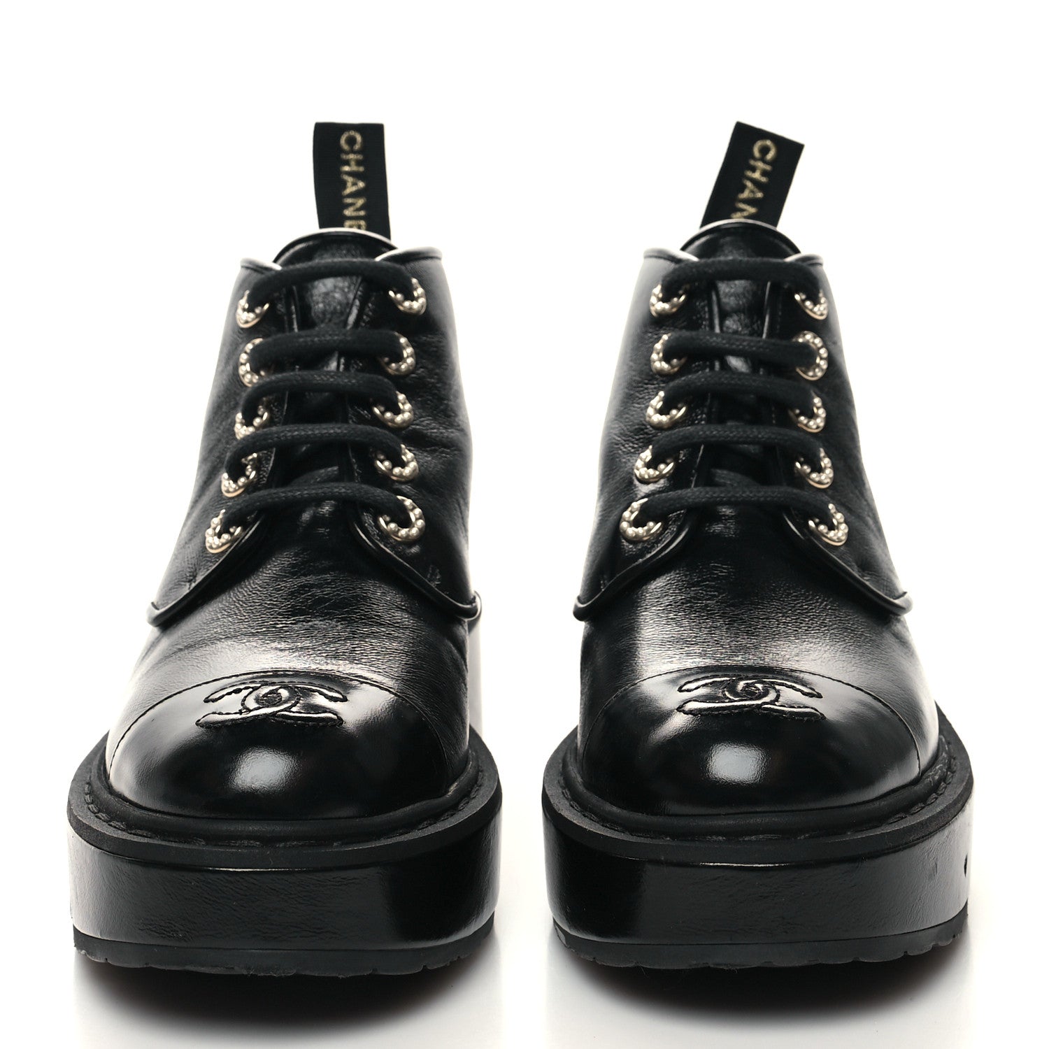 Chanel Shiny Calfskin Pearl Lace Up Combat Short Boots 35.5 Black 2 of 8
