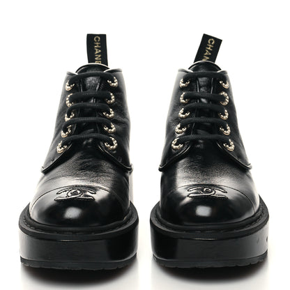 Chanel Shiny Calfskin Pearl Lace Up Combat Short Boots 35.5 Black 2 of 8