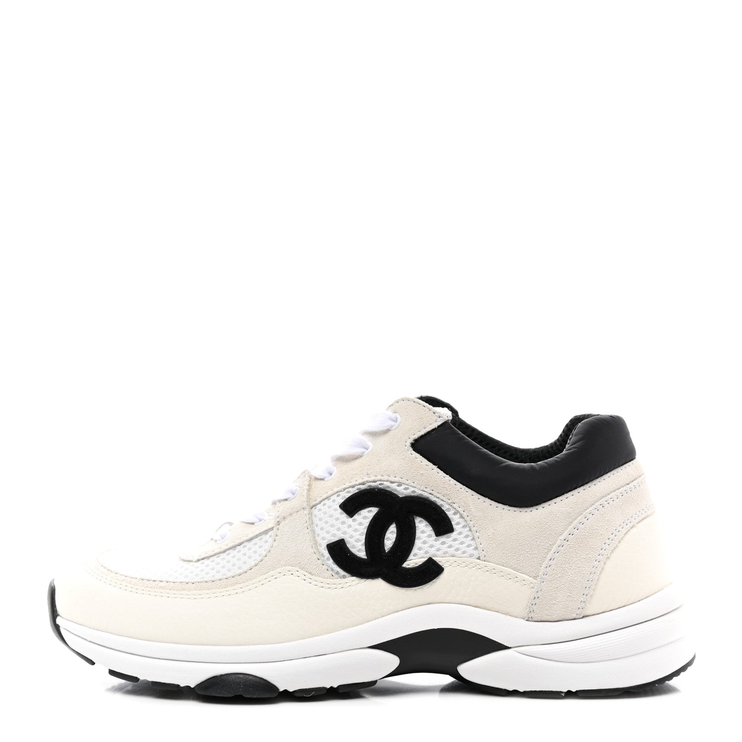 Chanel Mesh Suede Calfskin Grained Calfskin Womens CC Sneakers 39.5 White Black 1 of 9