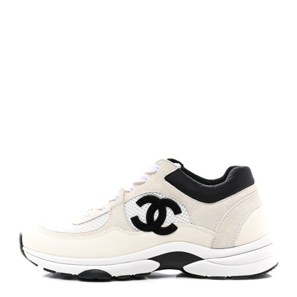 Chanel Mesh Suede Calfskin Grained Calfskin Womens CC Sneakers 39.5 White Black 1 of 9