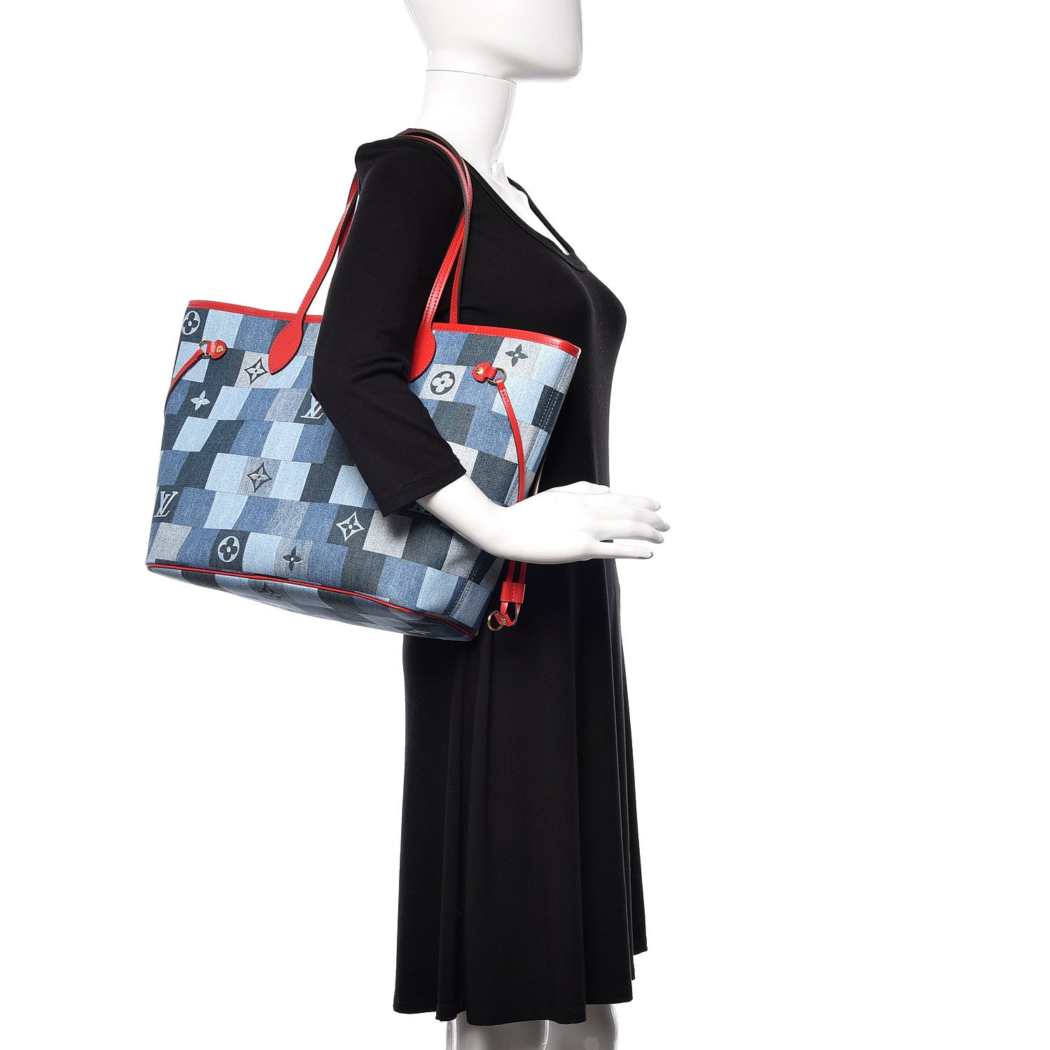 Louis Vuitton Denim Damier Monogram Patchwork Neverfull Blue Rouge 2 of 10