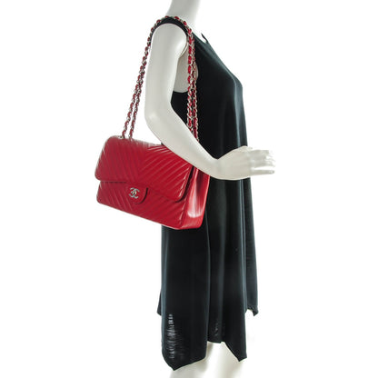 Chanel Caviar Chevron Quilted Jumbo Double Flap Red 2 of 8