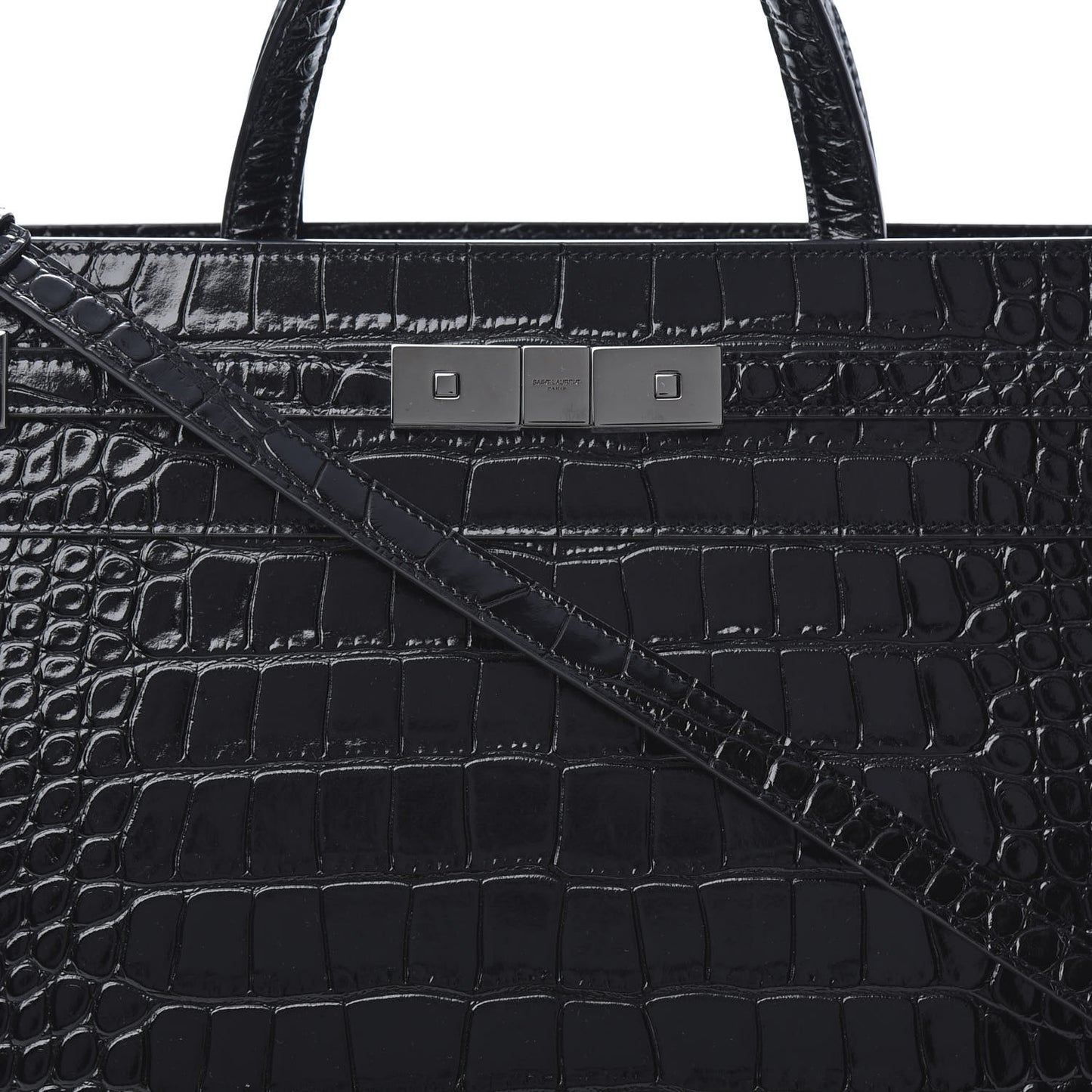 Shiny Calfskin Crocodile Embossed Small Manhattan Shopper Tote Black