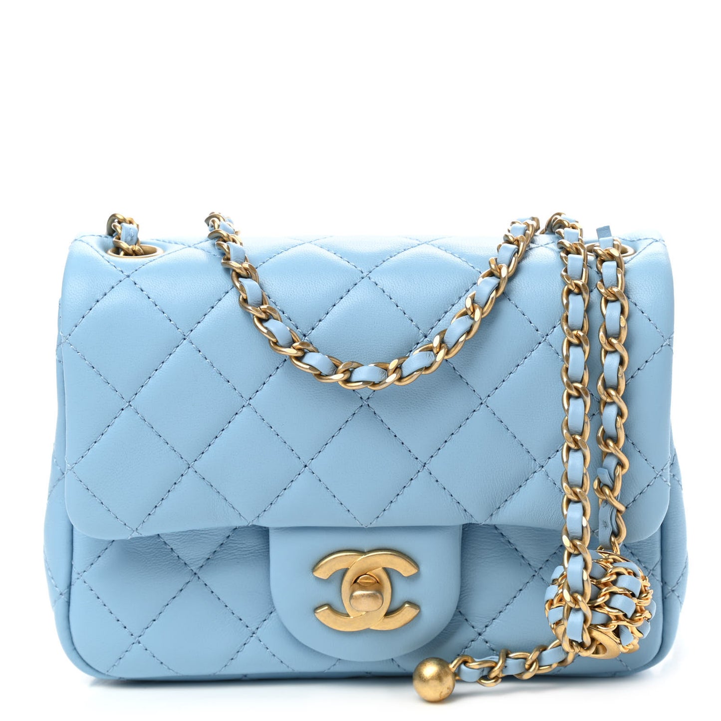Lambskin Quilted Mini Pearl Crush Flap Light Blue