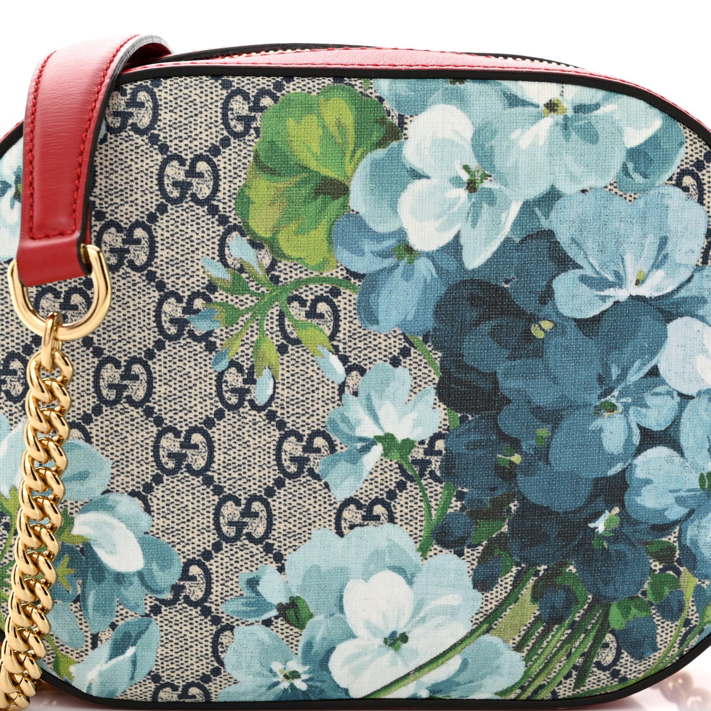 GG Supreme Monogram Blooms Mini Chain Shoulder Bag Beige Blue Navy Hibiscus Red
