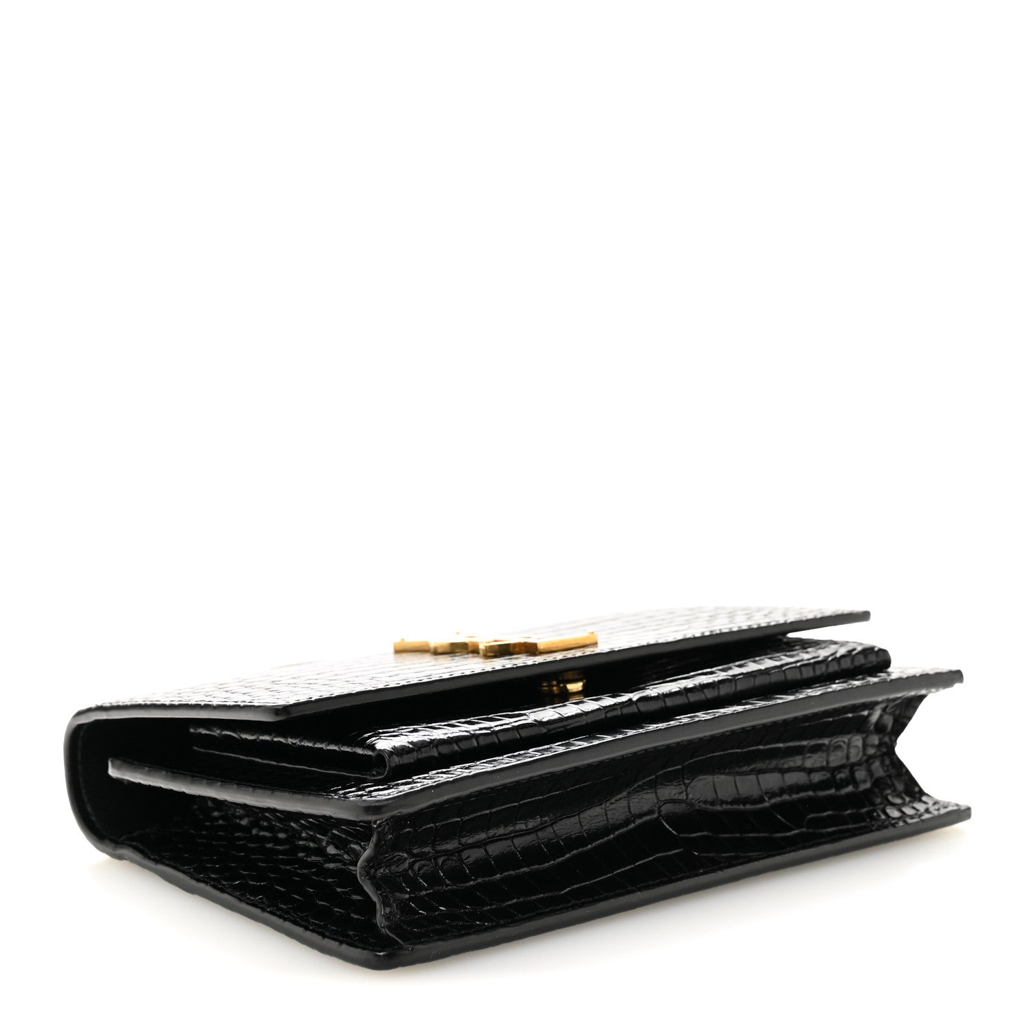 Saint Laurent Calfskin Crocodile Embossed Monogram Sunset Top Handle Chain Wallet Black 5 of 16