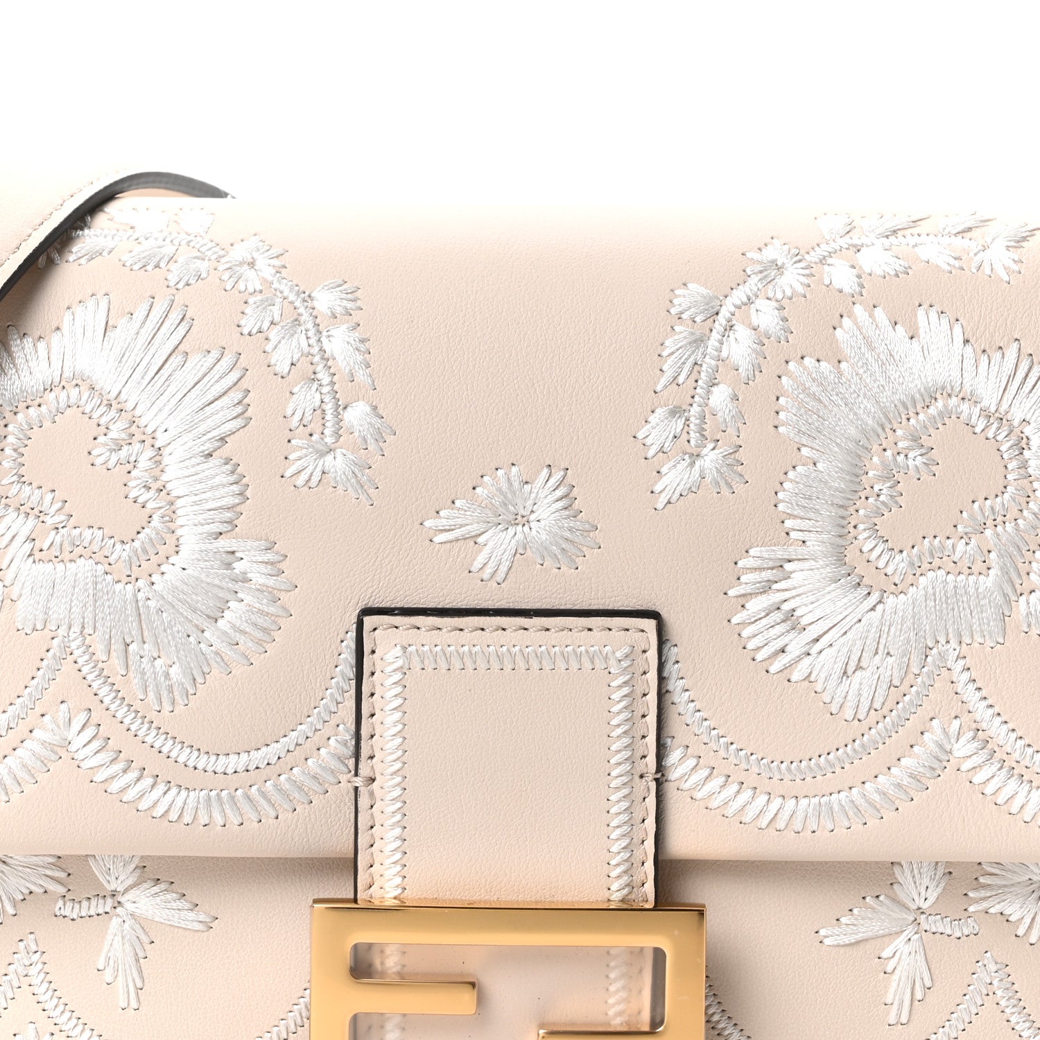 Fendi Vitello Seta Nappa Floral Embroidered Baguette Camelia White Ice 7 of 9