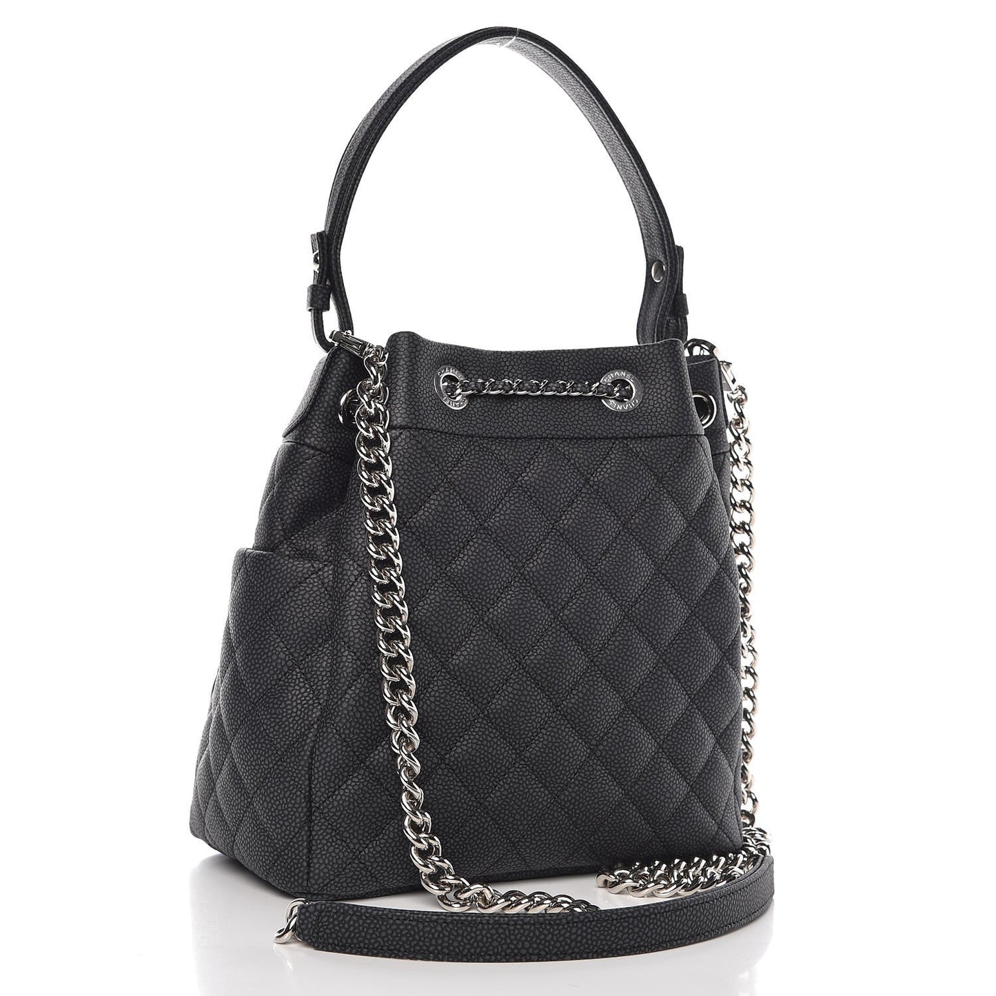 Caviar Flat Quilted CC Chain Bucket Drawstring Bag Black
