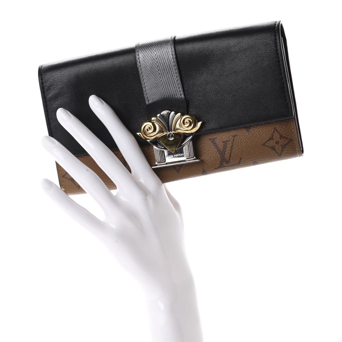 Calfskin Reverse Monogram Column Sarah Wallet Black