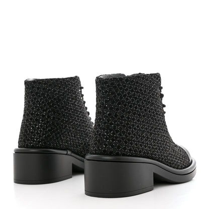 Chanel Tweed Lambskin Lace Up Combat Boots 38.5 Black Silver 4 of 9