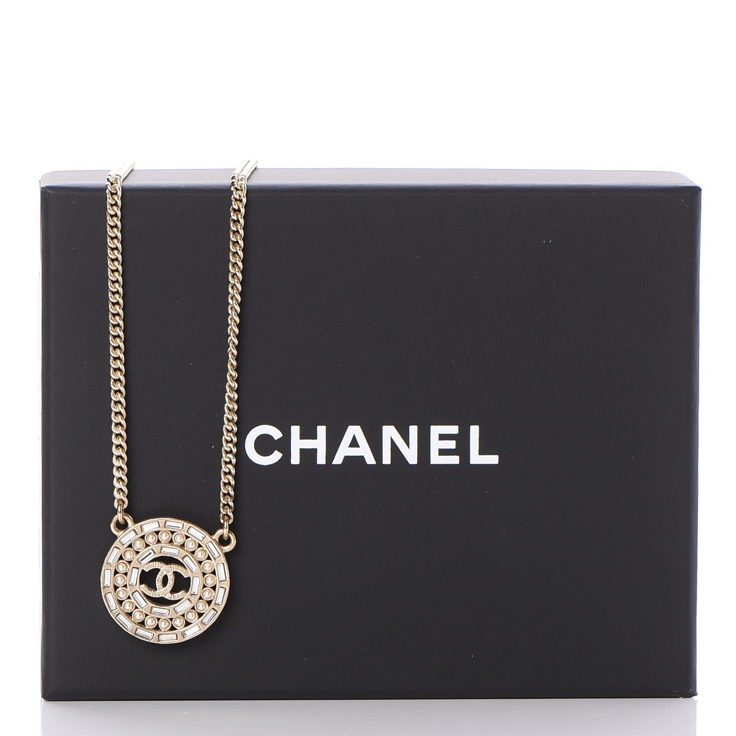 Chanel Crystal Pearl CC Medallion Necklace Light Gold 5 of 5