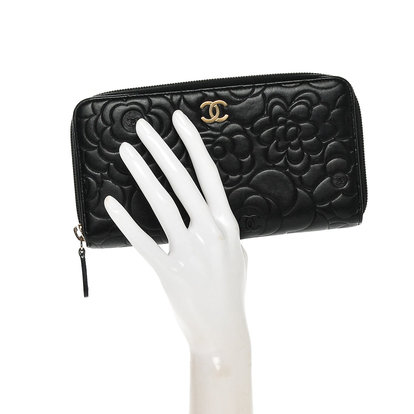 Lambskin Camellia Embossed Large Zip Around Gusset Wallet Black