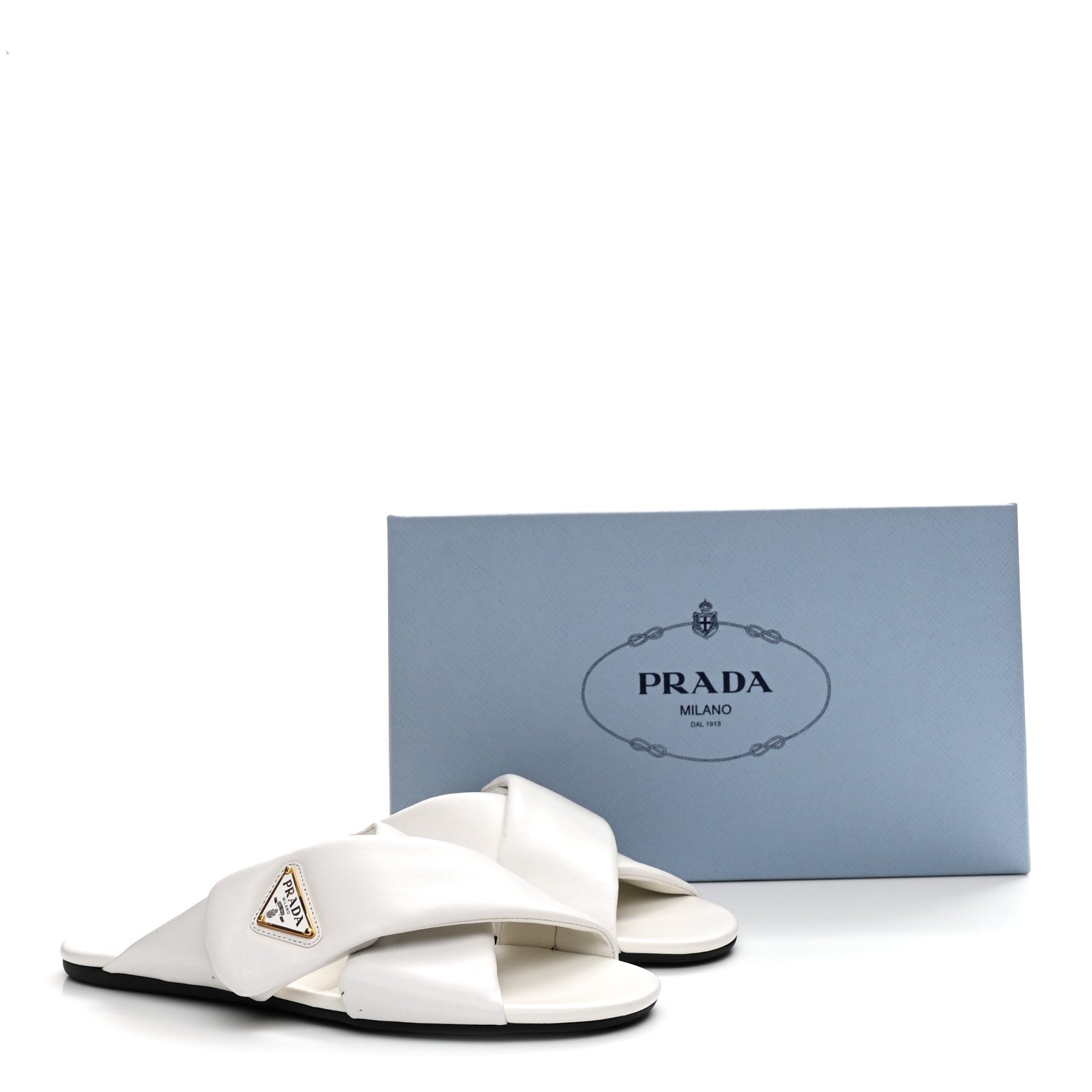 PRADA ナッパレザーサンダル　ホワイト38.5 Prada Nappa Logo Strap Slide Sandals 38 White 1828369 – FASHIONPHILE