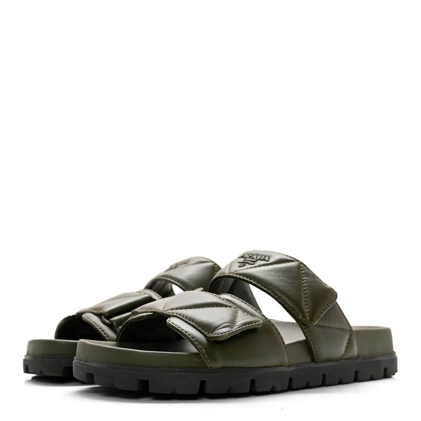 Nappa Logo Quilted Velcro Strap Lug Sole Slide Sandals 36.5 Militare
