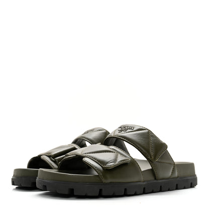 Prada Nappa Logo Quilted Velcro Strap Lug Sole Slide Sandals 36.5 Militare 3 of 14