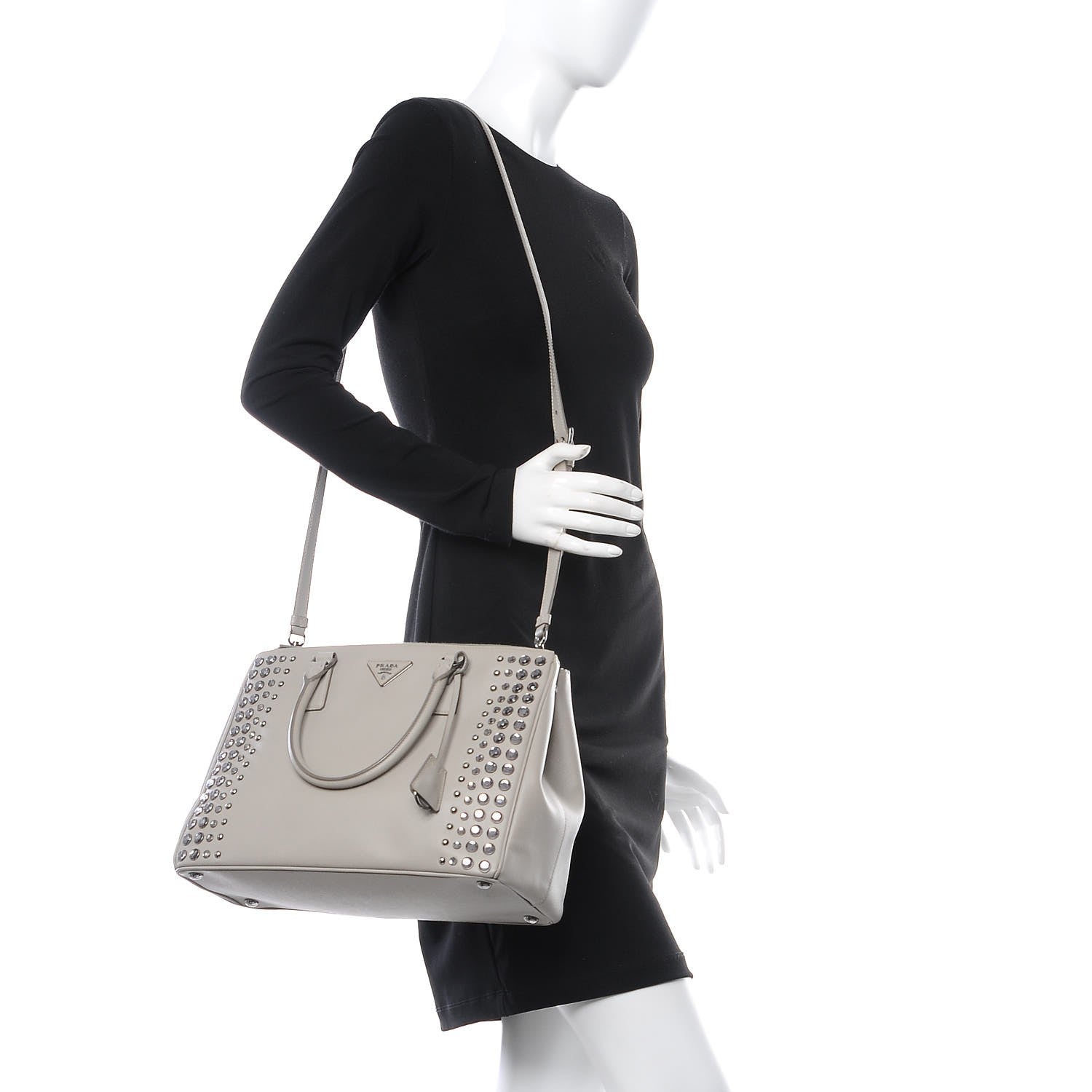 Prada Saffiano Lux Studded Crystal Medium Galleria Double Zip Tote Talco 2 of 12