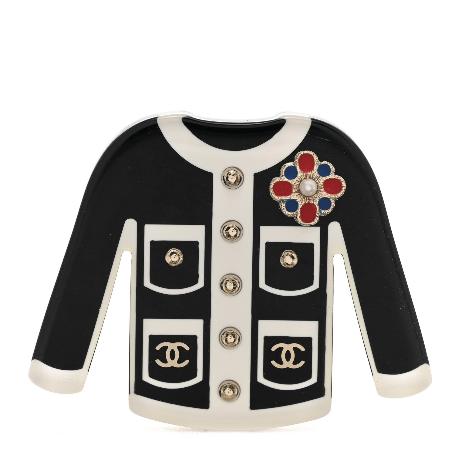 Chanel Resin Pearl Tweed Cardigan CC Brooch Black White 1 of 5