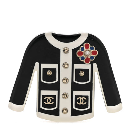 Chanel Resin Pearl Tweed Cardigan CC Brooch Black White 1 of 5
