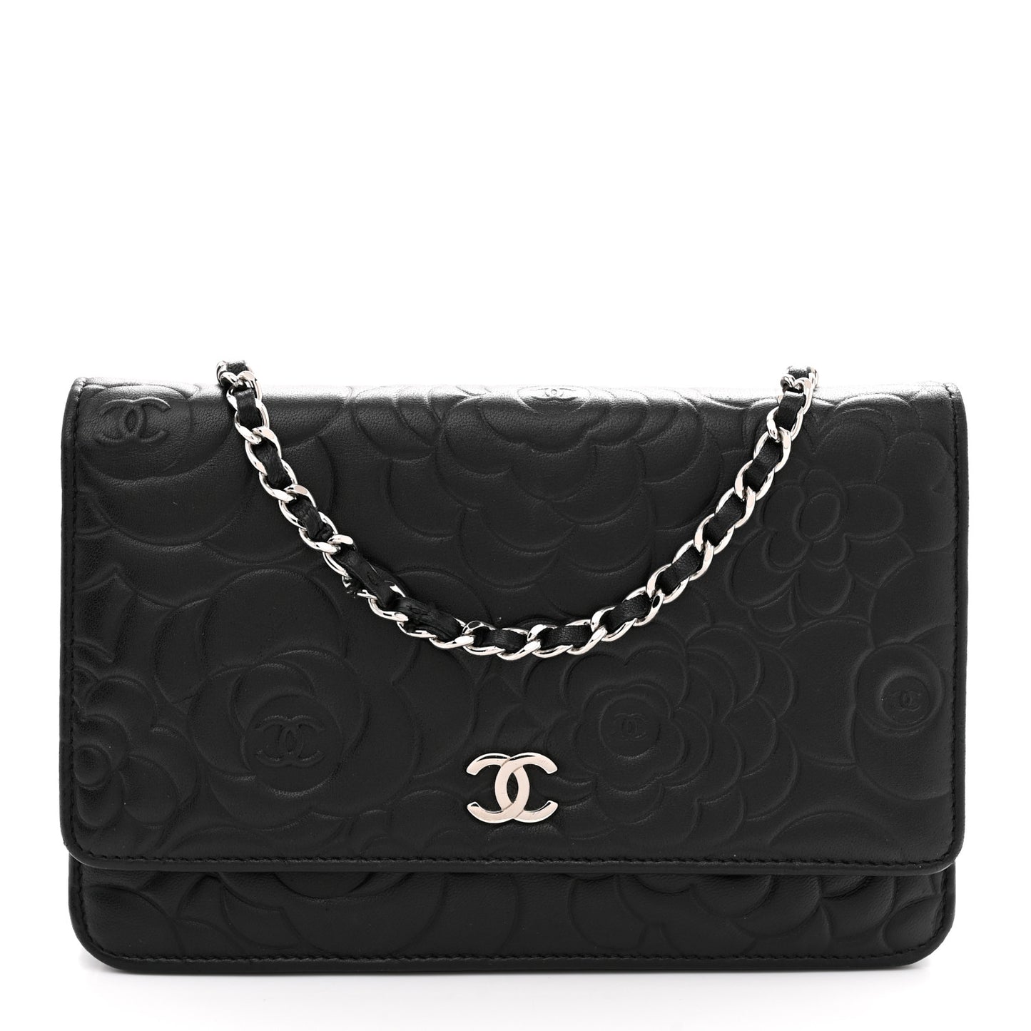 Lambskin Camellia Embossed Wallet On Chain WOC Black