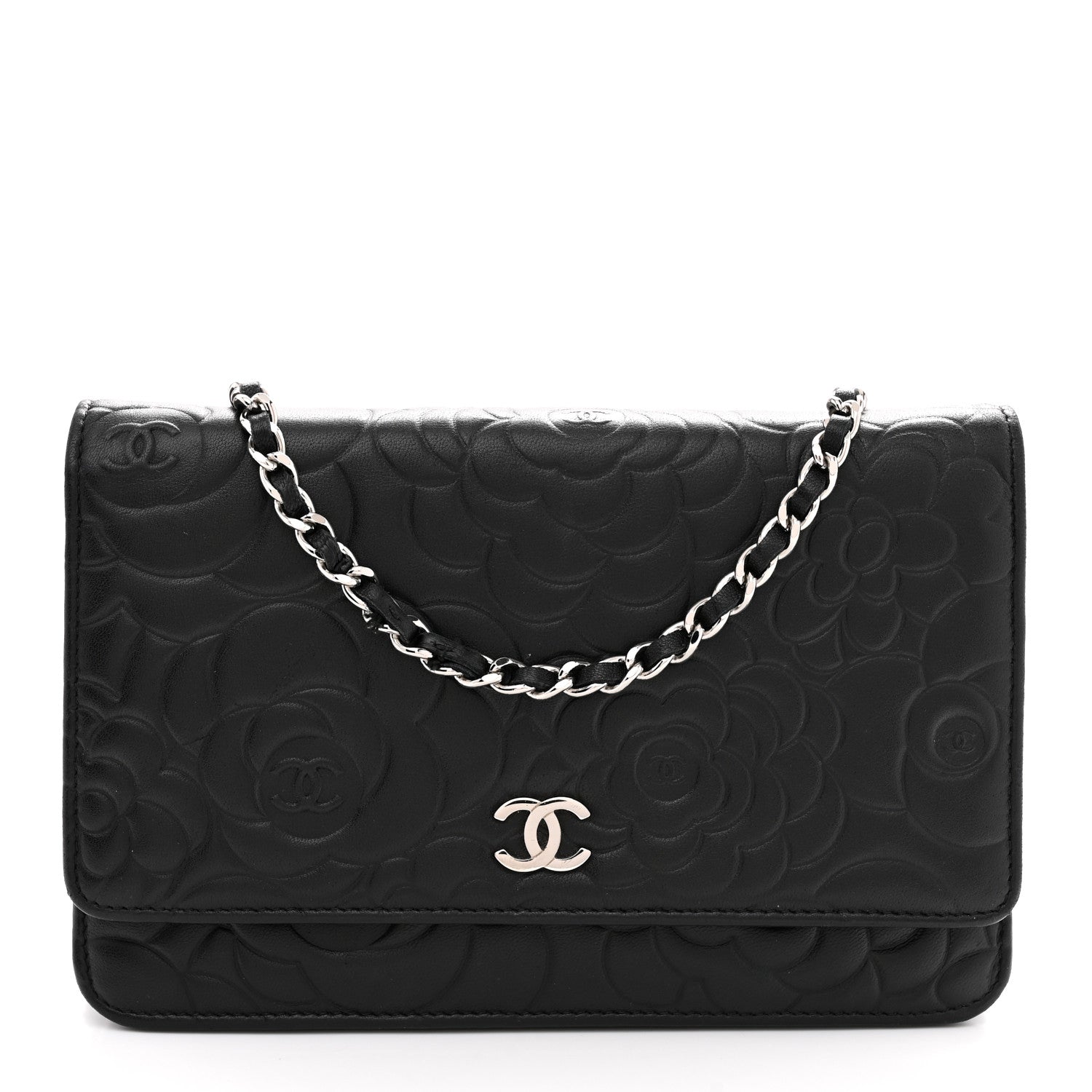 Chanel Lambskin Camellia Embossed Wallet On Chain WOC Black 1 of 15