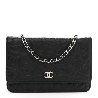 Chanel Lambskin Camellia Embossed Wallet On Chain WOC Black 1 of 15