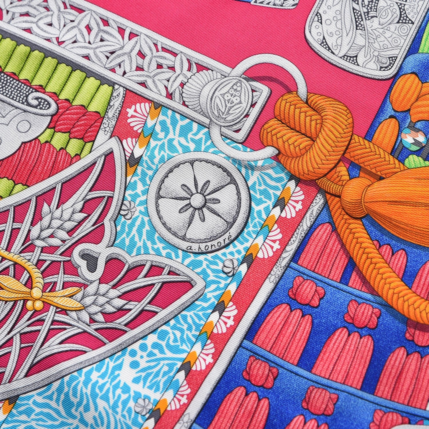 Hermes Silk Parures de Samouraïs Scarf 90 Rose Indien Vert Turquoise 3 of 5
