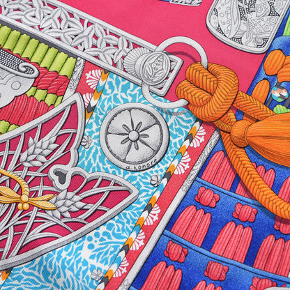 Hermes Silk Parures de Samouraïs Scarf 90 Rose Indien Vert Turquoise 3 of 5