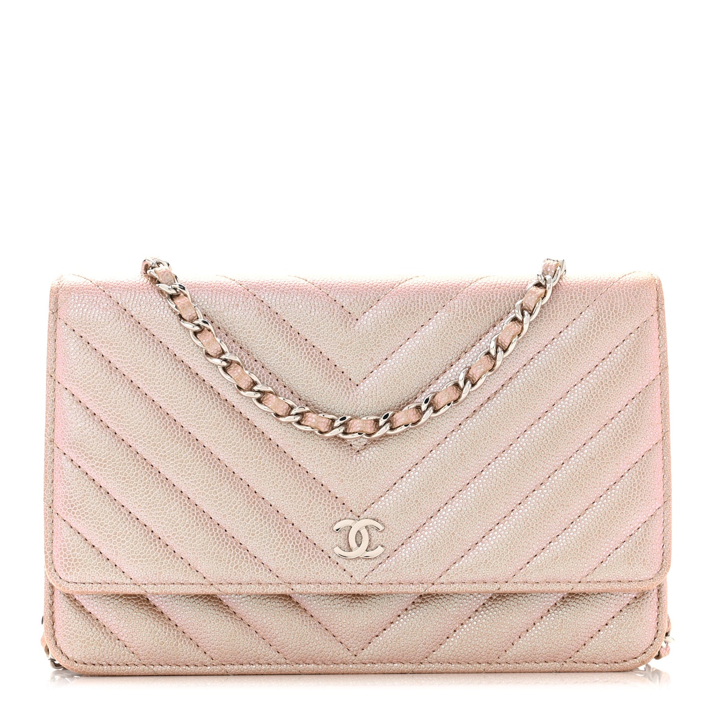Metallic Caviar Chevron Quilted Wallet On Chain WOC Light Gold
